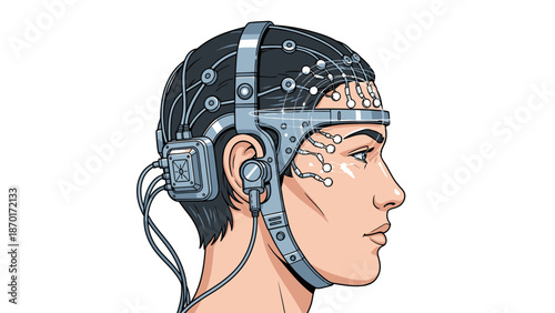 Man wearing EEG headset for brain activity.