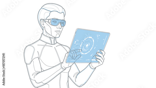 Man Wearing Virtual Reality Goggles Holding Device.