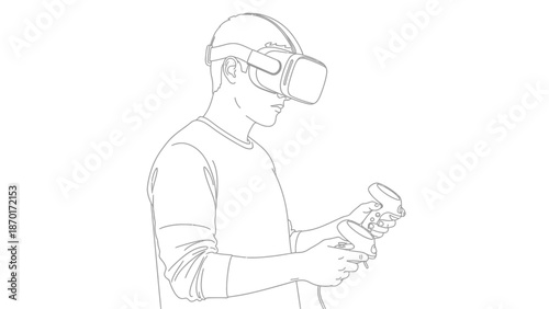 Man Wearing Virtual Reality Headset and Holding Controllers.