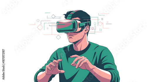 Man Wearing Virtual Reality Headset Interacting.