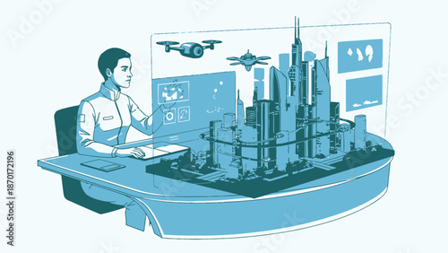 Man Working on Drone Project with Cityscape.