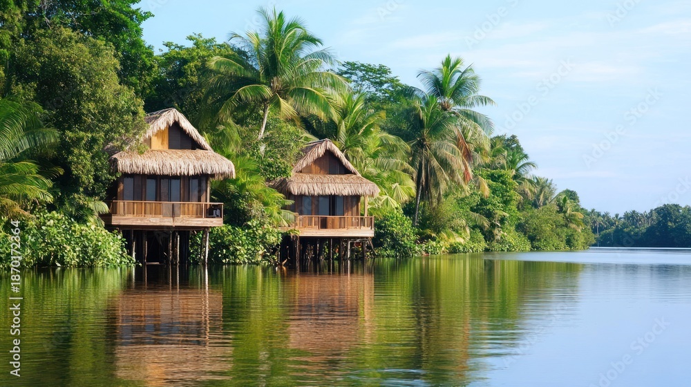 Fototapeta premium Tropical riverfront cabins