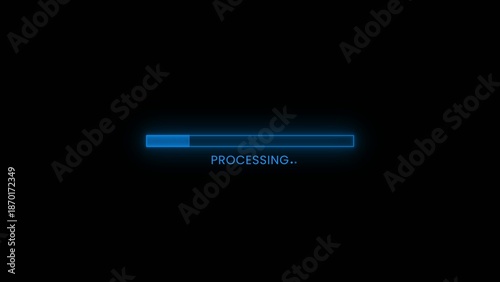 Glowing blue neon progress bar with the word PROCESING in the center against a dark black background indicating data loading or Generate title without using the word 