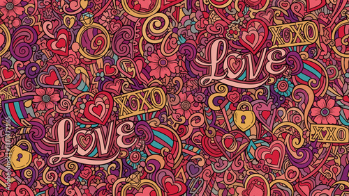 Vibrant colorful heart pattern with love text and swirling designs on red background