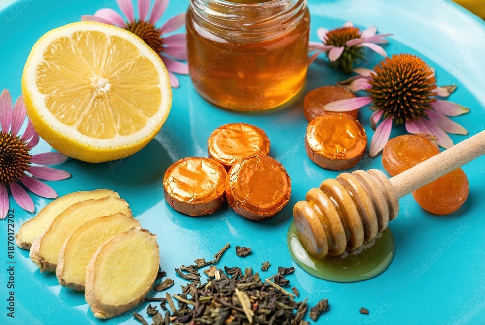 Fototapeta premium Refreshing lemon, honey, ginger, tea, and echinacea for a soothing remedy