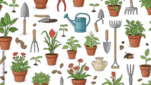 Colorful gardening tools and potted plants on with soil and stones