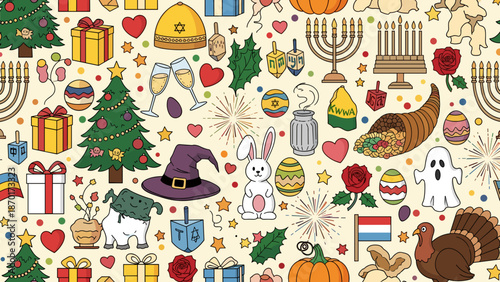 A festive holiday pattern featuring various symbols and icons on a beige background with christmas trees and presents