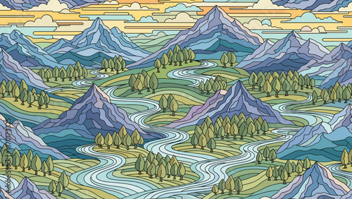 A colorful illustration of a mountain range with a river running through it at sunset