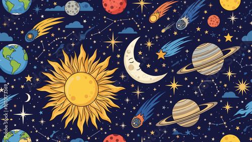 Vibrant illustration of planets, stars, and celestial bodies in a colorful night sky with sun, moon, and rockets