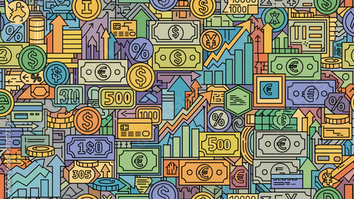 Colorful illustration of various financial symbols and icons including money and charts