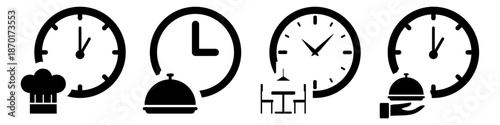 Set of food time icon vector for meal planning. Ideal for breakfast, lunch, dinner schedules, diet routines, and restaurant opening hours.