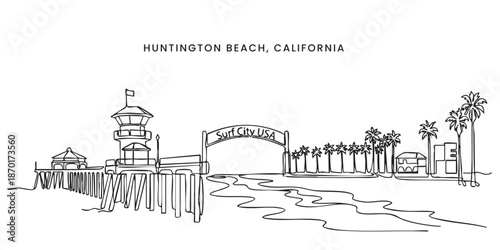 Huntington Beach, California City Skyline Continuous One Line Drawing Illustration with Pier