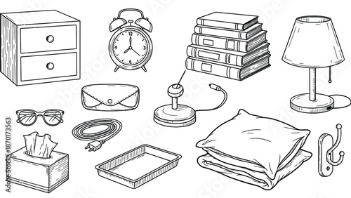 Hand drawn illustration of various bedroom items and accessories.