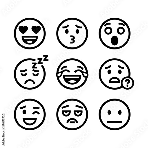 Diverse Collection of Outline Emoticon Icons Representing a Broad Spectrum of Human Emotions and Digital Communication Reactions, a Comprehensive Set