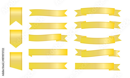 光沢のあるイエローゴールド配色のフラットリボン装飾セット｜見出し・バナー向け横長リボン集