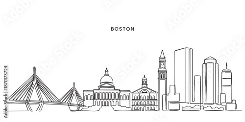 Boston Skyline Single Line Art with Zakim Bridge and Historic Buildings