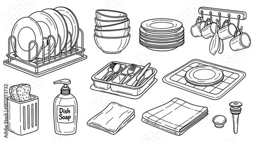 Kitchen Utensils and Dishes Line Art Illustration.