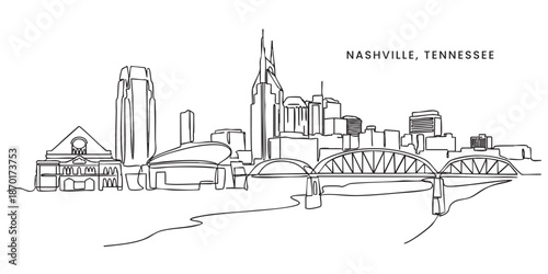 Nashville Skyline Single Line Art with Bridge and Iconic Skyscrapers