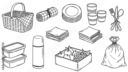 Black and white line art illustration of various picnic and outdoor dining essentials.