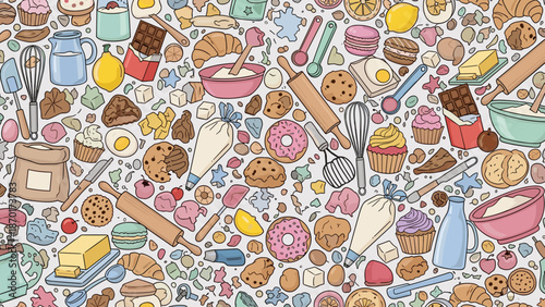 Colorful assortment of sweet baked goods and kitchen utensils