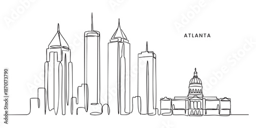 Atlanta Skyline Single Line Art with Skyscrapers and Capitol Building