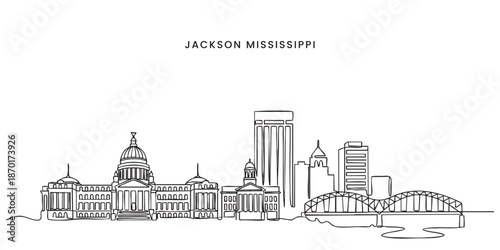 Jackson, Mississippi City Skyline Continuous Line Art with State Capitol