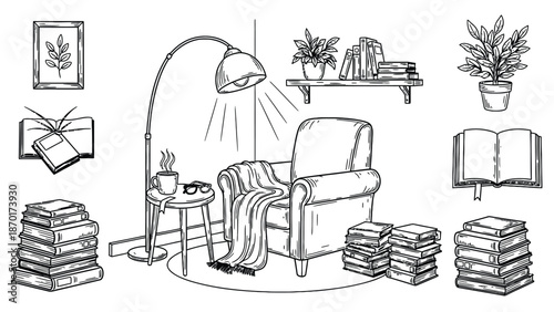 Cozy reading nook with armchair, books, and plants in a serene setting.