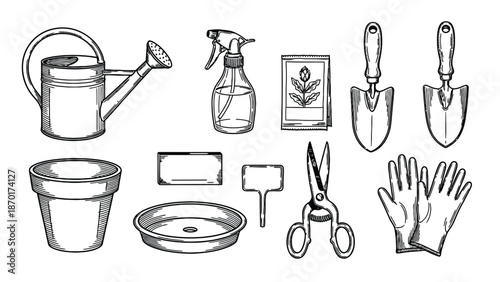 Gardening tools and accessories illustration set.
