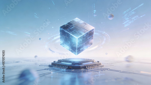 Futuristic Cube with Circuitry and Digital Elements