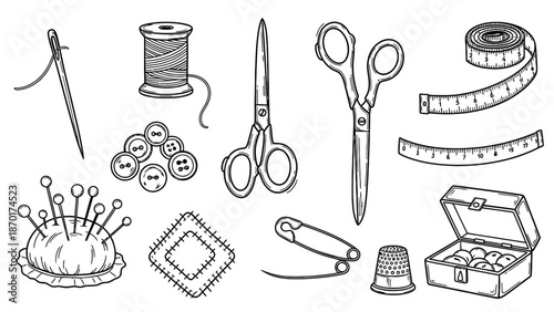 Sewing accessories and tools collection illustration.