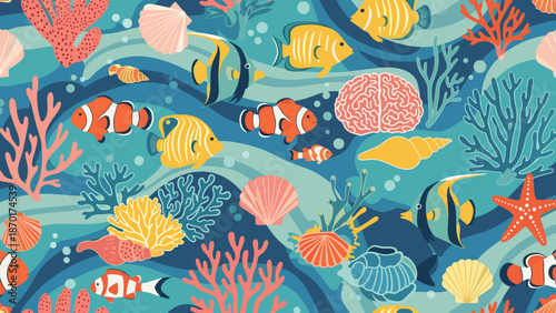 Vibrant ocean fish and coral reef illustration with sea anemones and marine life