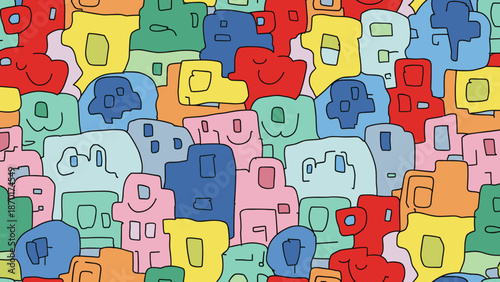 Colorful abstract composition of various shapes and smiling faces in different hues