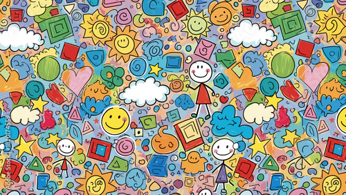 Colorful whimsical pattern of cartoon objects and symbols on a bright background