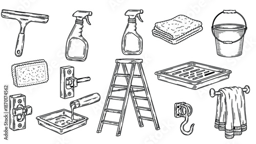 Cleaning supplies and equipment illustration set.