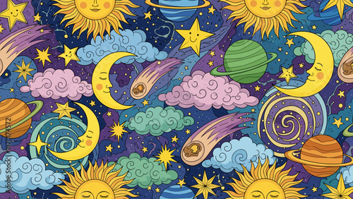 Colorful whimsical illustration of celestial bodies and clouds in space