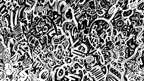Black and white abstract doodle pattern with various shapes and lines