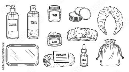 Skincare routine products illustration set.