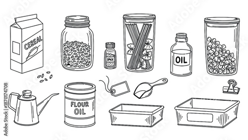 Baking ingredients and kitchen utensils illustration set.