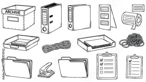 Collection of office stationery and filing supplies illustrations.