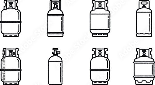 Gas cylinders in various shapes and sizes are shown in simple line drawings side by side
