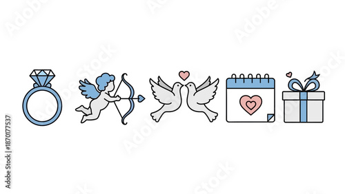 Romantic Love and Marriage Celebration Outline Icons Set