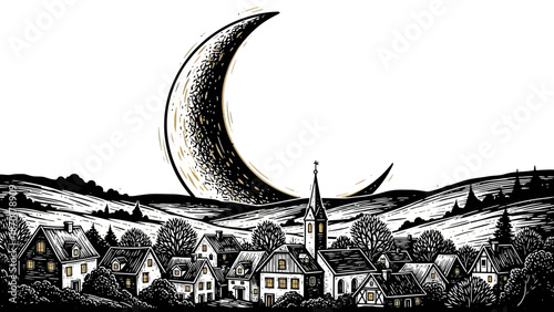 Whimsical Village Night with Glowing Houses and a Majestic Crescent Moon