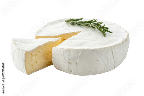 Soft ripened cheese wheel, cut wedge showing creamy interior, garnished with fresh rosemary