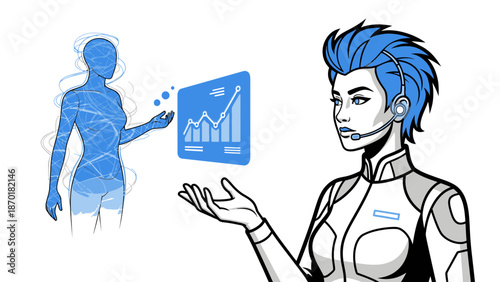 Futuristic Robot Holding Digital Graph Display.