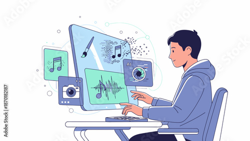 Man Editing Video on Computer Screen.