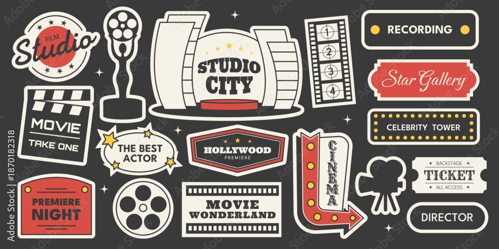 Fototapeta premium Retro Hollywood movie studio sticker set with film reel, studio city signs, movie awards and more. Vector illustration for cinema, studio production, entertainment, mid century Americana 1950s style