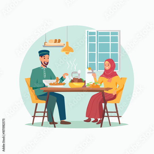 Illustration of a Muslim couple eating breakfast together at a table in a cozy home with a warm atmosphere.