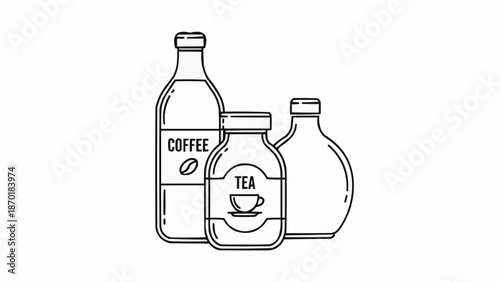 Three bottles with labels for coffee and tea drinks.