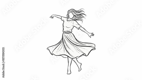 Line drawing of a woman dancing with flowing hair and skirt.