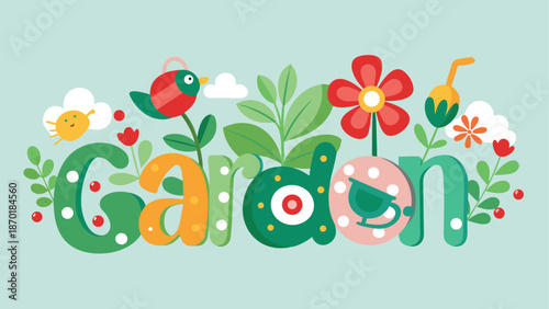A cheerful garden logo with a playful kids' theme featuring rounded letters, vibrant flowers, and lively illustrations perfect for educational or gardening contexts